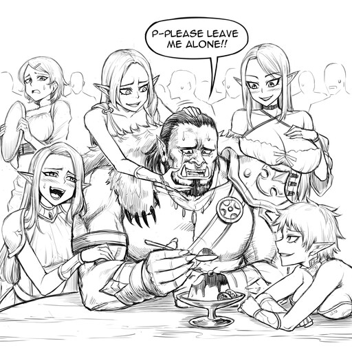Cover of Drunk Elves Harassing an Orc in a Tavern (Redrawn)